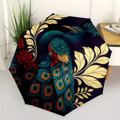 Elegant Peacock with Lotus Flower Circular Art Print Umbrella, Portable 3-Fold Compact Umbrella for Men & Women R154