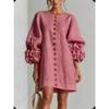 French Style 3D Floral Cotton Linen Dress, Lantern Sleeve Round Neck Single Breasted Loose Slimming Vacation Mini Dress