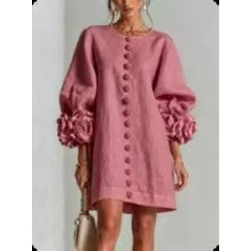 French Style 3D Floral Cotton Linen Dress, Lantern Sleeve Round Neck Single Breasted Loose Slimming Vacation Mini Dress