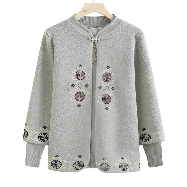 Mother Autumn Knitted Two-piece Cardigan Top Middle-aged and Elderly Women Sweater Bottoming Shirt Autumn and Winter Fashion Long-sleeved Coat.