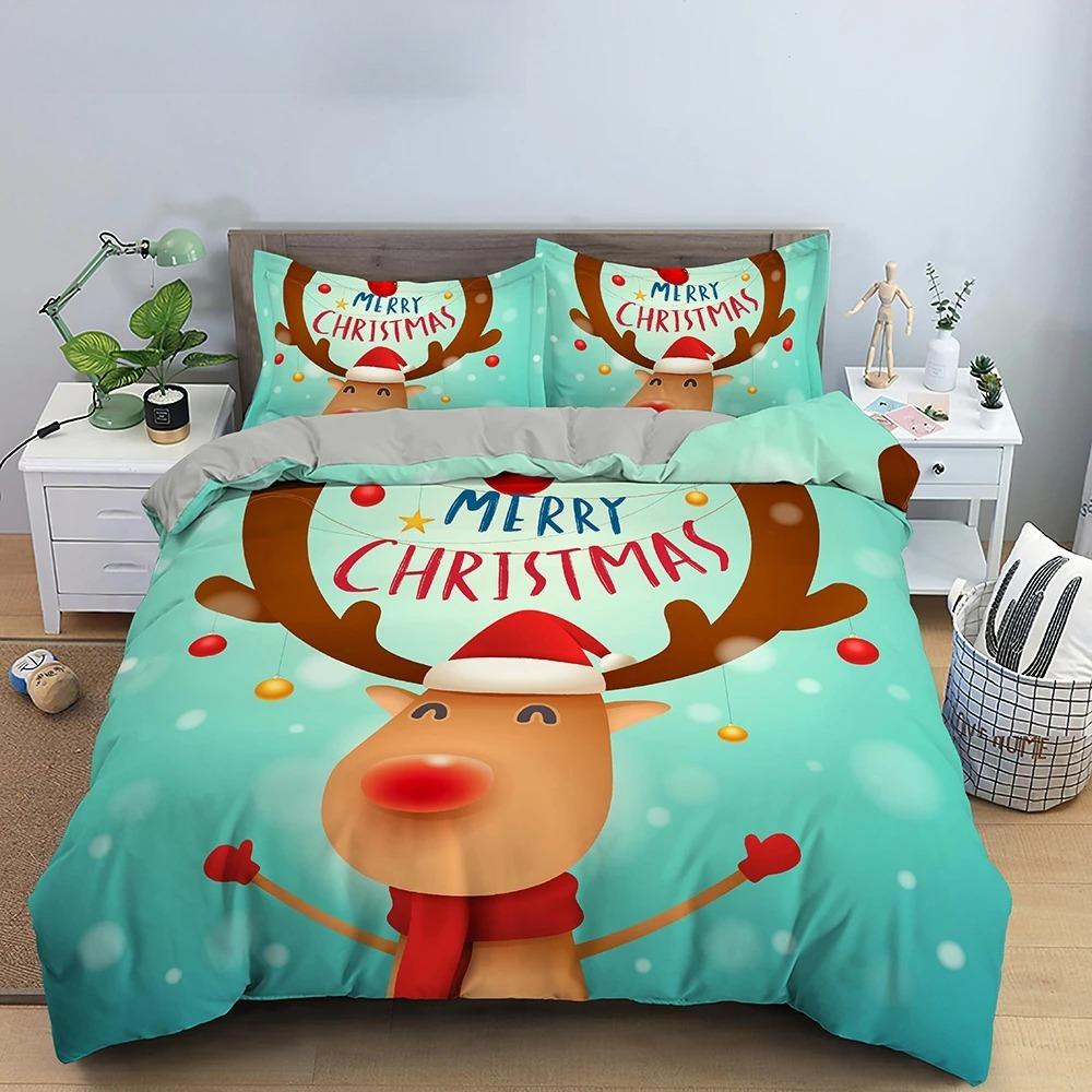 3D Frohe Weihnachten King Queen Bettwäscheset Kinder Cartoon Weihnachtsmann Schneemann Rentier Bettdeckenbezug XMAS Bettbezug Polyester Steppdecke