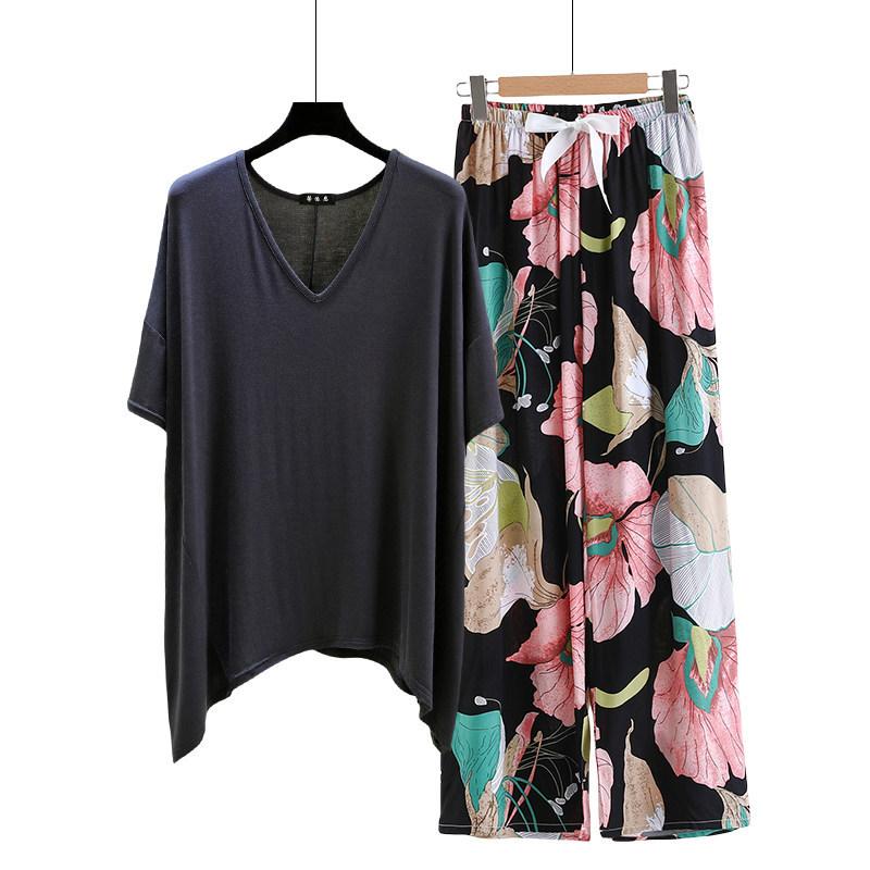 irregular Tshirt and floral wide leg pants summer women's casual pajamas sets Short sleeve homewear suit Loose lightweight Loungwear Plus size