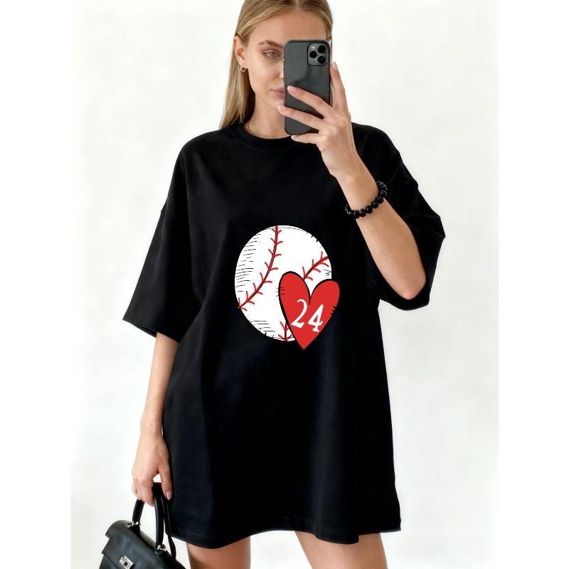 Oversized T Shirt Black Baseball Heart 24 Print Casual Wear For Women Summer Fashion Street Style Outfit