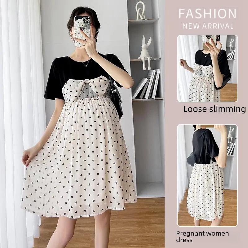 Rochie de vară din șifon, din două piese, pentru gravide: Fustă lejeră, de lungime medie, care acoperă burtica.