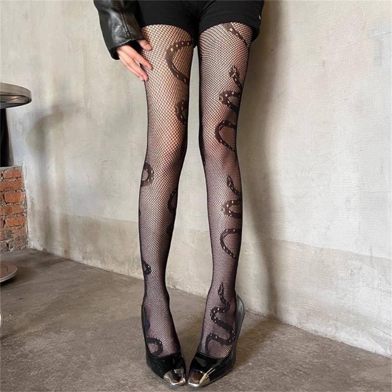 Women's Fashionable Mesh Pantyhose Hollowout Snake Pattern Elastic Waist Soft Nylon Tights For Daily Office Wear Outfit