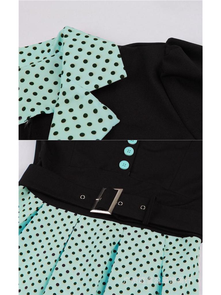 Stippen Revers Korte Mouwen Met Riem Afslankende Jurk voor Dames - Lente/Zomer Mode