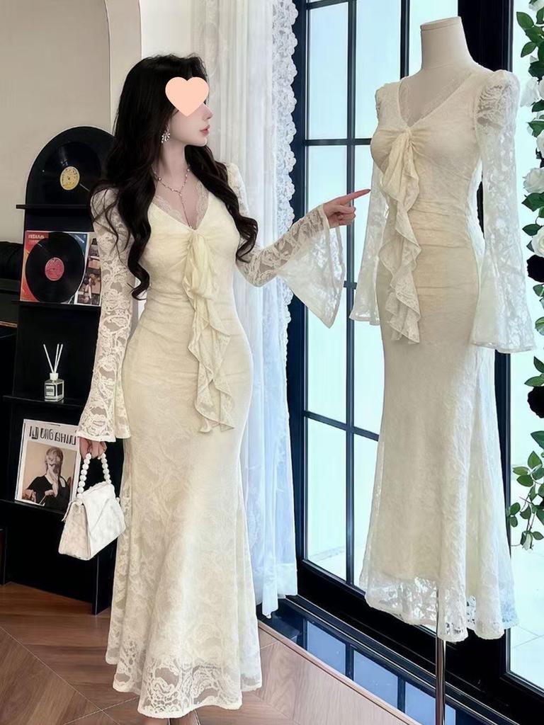 Elegant French Lace Tight-Fit Dress for Women - Autumn 2026 Collection