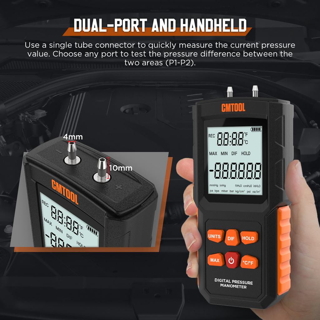 CMTOOL Differential Pressure Gauge 100kpa Orange Vacuum Gauge Backlight Display High Accuracy Alarm Digtal Pressure Measure Tool