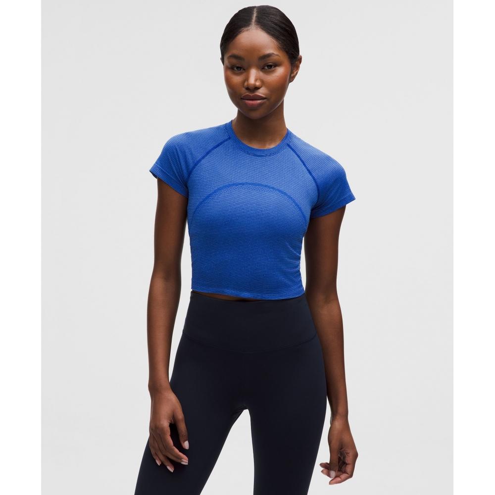 Lululemon Swiftly Tech Cropped Short Sleeve Shirt 2.0 Spandex Stripe Riverside Starch Blue
