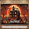 2D Plane, 1 Halloween Party Background Cloth - Ghost House with "Happy Halloween" Text, Pumpkin Lantern, Cemetery Pattern