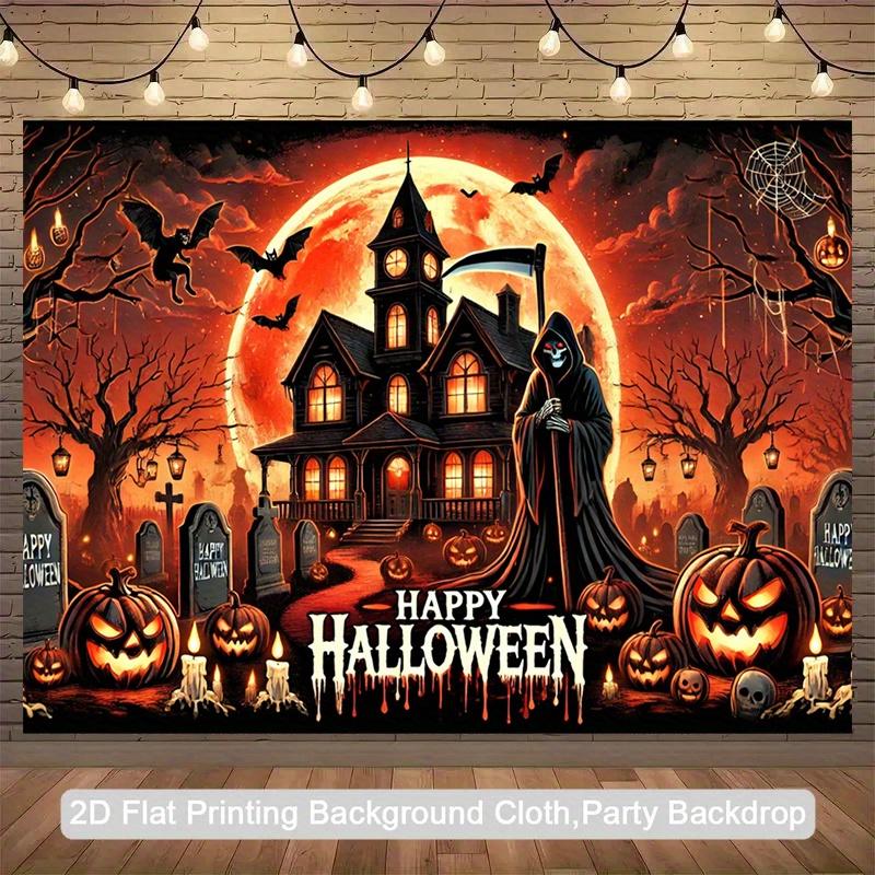 2D Plane, 1 Halloween Party Background Cloth - Ghost House with "Happy Halloween" Text, Pumpkin Lantern, Cemetery Pattern