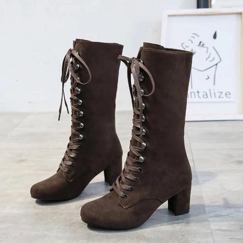 Footwear Cosplay Elegant Heeled Ladies Boots High Heels Shoes for Women Lace-up with Laces Mid Calf Blue Half Platform Chic Boot
