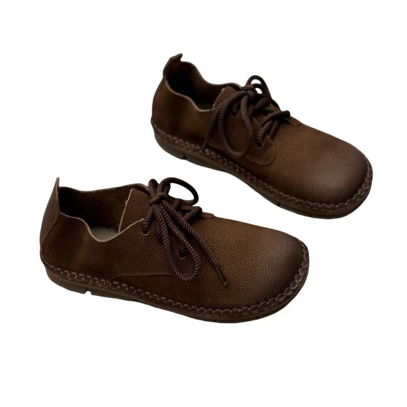 Retro Literary Leather Lace-up Single Shoes Flat Bottom Round Head Soft Cowhide Mori Ger Women's Shoes