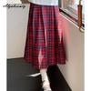 Japanese Mori Girl Spring Autumn Women Midi Skirt High Waist Burgundy Plaid Vintage Skirt Sweet Girl's Elegant Retro Skirts Womens