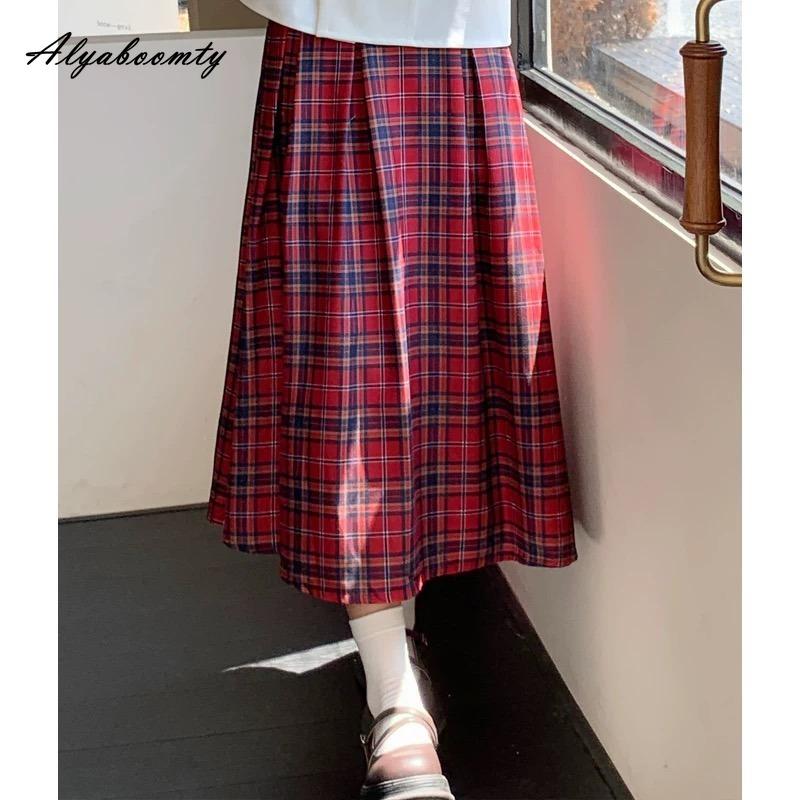 Japanese Mori Girl Spring Autumn Women Midi Skirt High Waist Burgundy Plaid Vintage Skirt Sweet Girl's Elegant Retro Skirts Womens