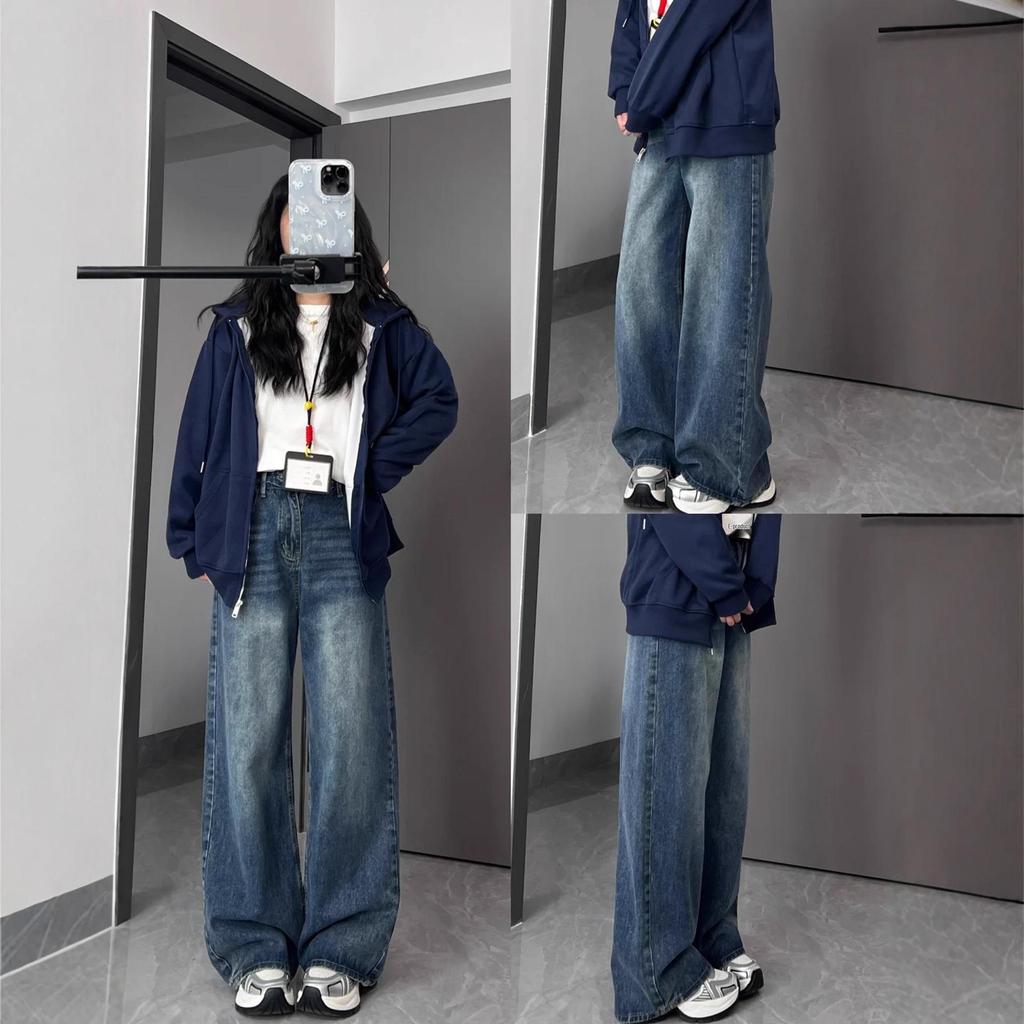 Women's Retro Blue Plus Size High-Waisted Wide-Leg Jeans for Spring and Autumn - Loose Fit, Pear Shape, Floor-Length