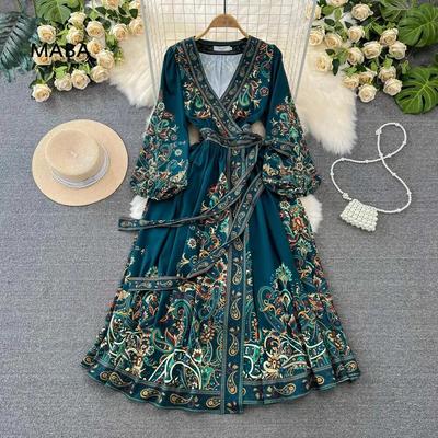 Nowe, lekkie, luksusowe, zielone sukienki w kwiaty, damskie, dekolt w serek, latarniowy rękaw, sznurowane w wysokiej talii, w stylu vintage, wysokiej klasy długa sukienka sądowa