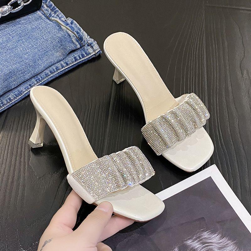 Korean Version of Elegant Square Head Wearing High-heeled Rhinestone One-word Drag Women 2025 Summer New with Skirt Thin-heeled Cool Slippers