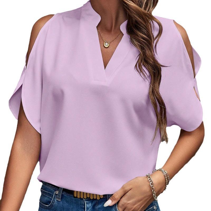 2026 Summer Women's V-Neck Off-Shoulder Top - Solid Color & Stylish