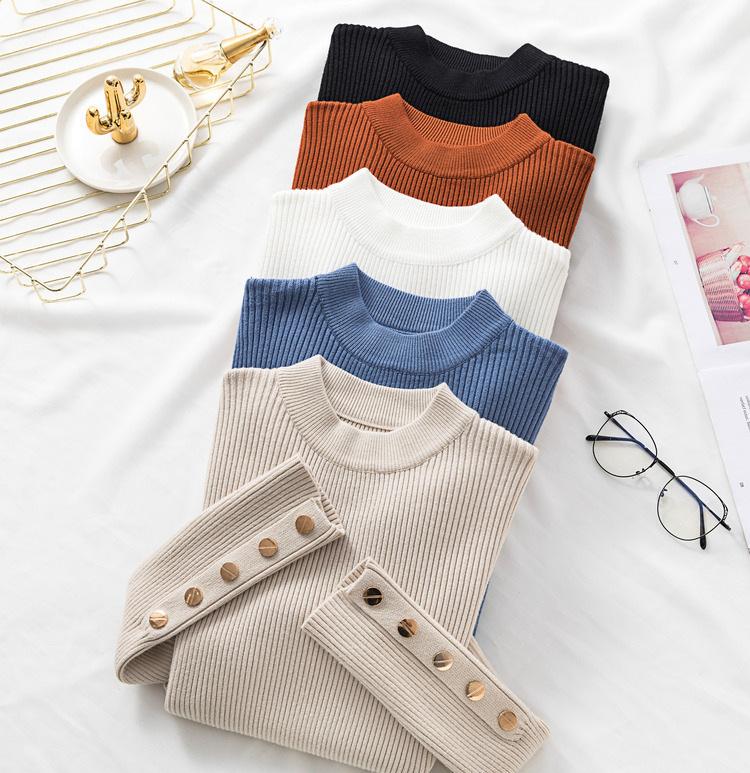 Women Thick Sweater Pullovers Khaki Casual Autumn Winter Button O Neck Chic Sweater Female Slim Knit Soft Jumper