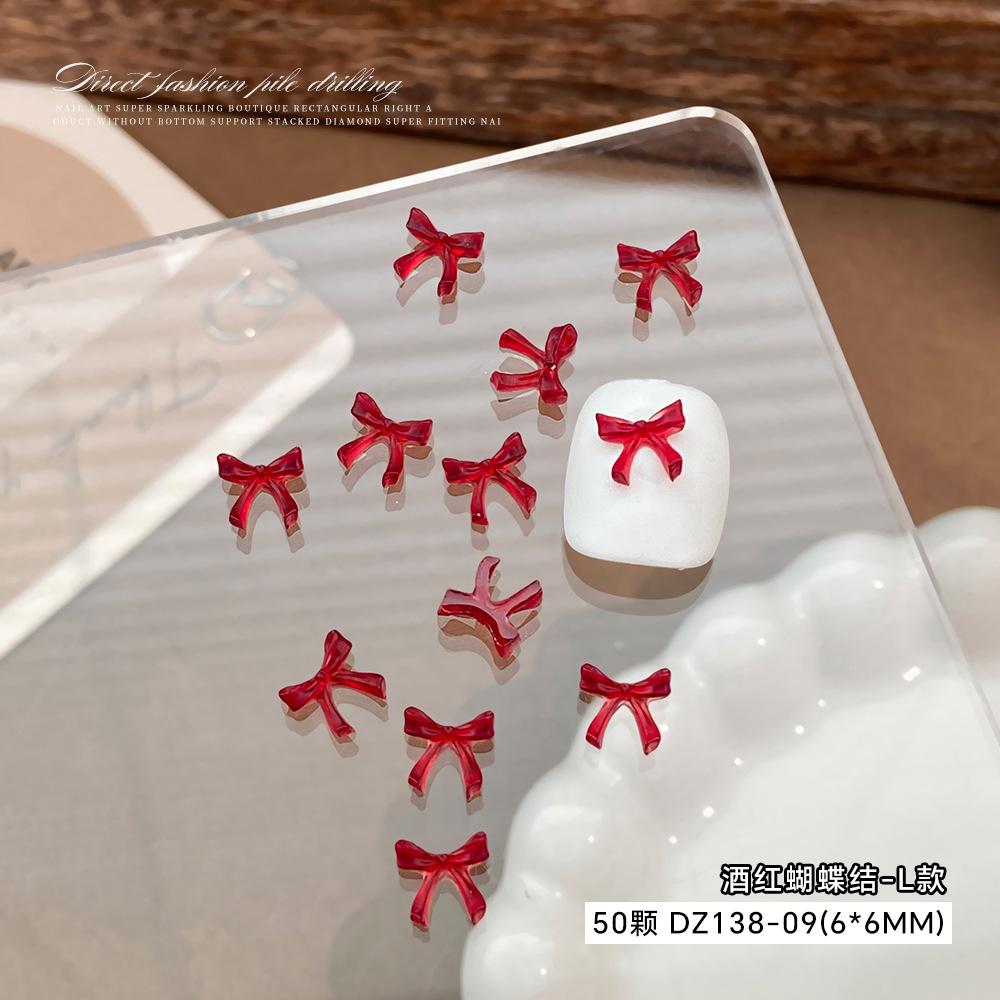 Wine Red Bow Nail Accessories Popular Online Items Solid Color Three-dimensional Hollow Tie Cartoon Resin