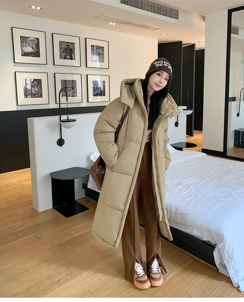 Damen Lange Kapuzenwinddichte Verdickte Warme Winterjacke mit Raglanärmeln