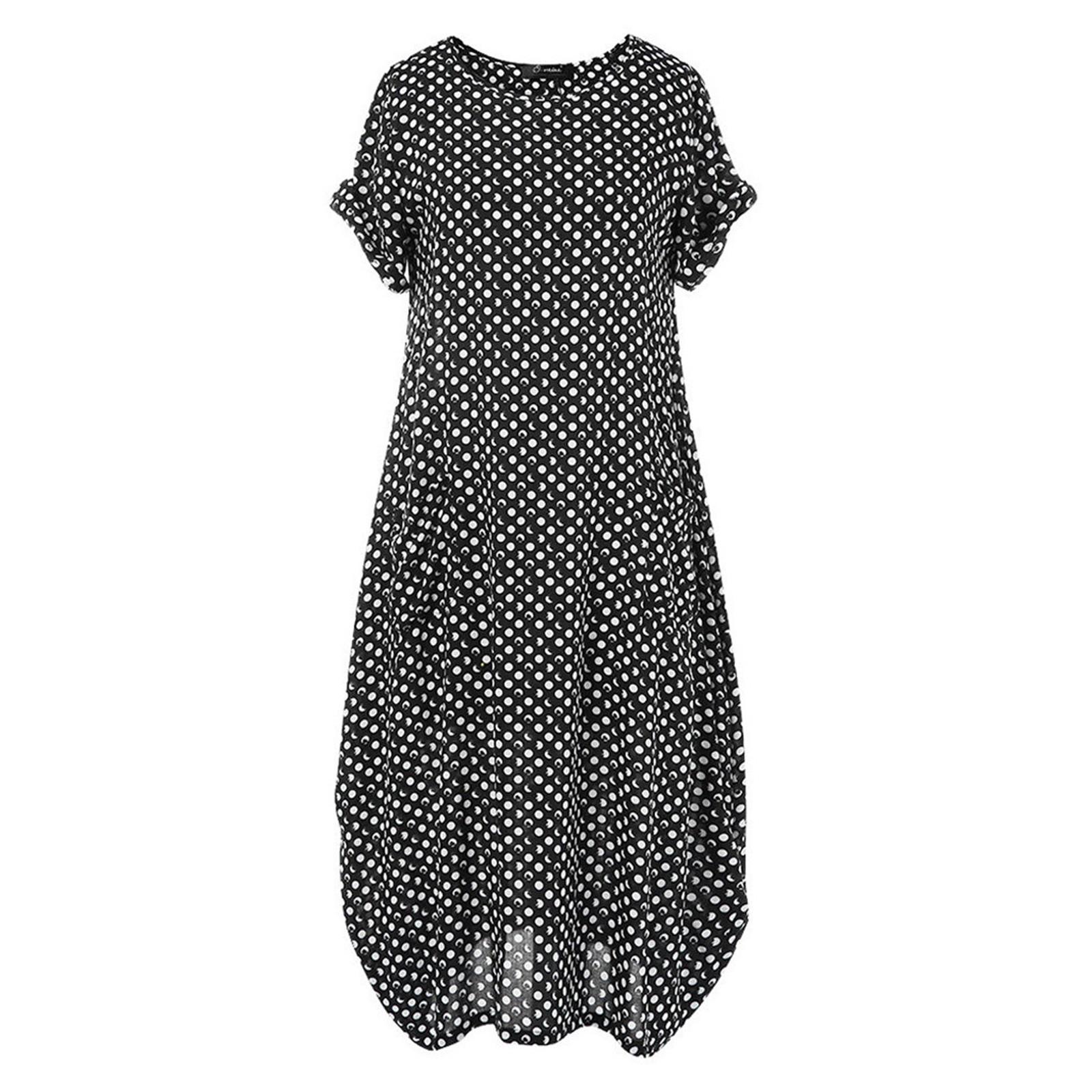 Женское повседневное платье с карманами и горошек с круглым вырезом и коротким рукавом — фото 5