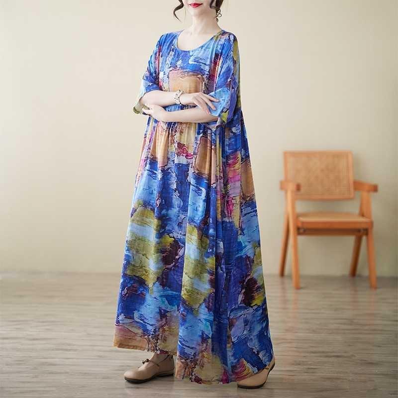 Summer New Round Neck Short Sleeve Literary Retro Casual Loose Women's Large Size Dress Middle-aged and Elderly Foreign Trade Dress