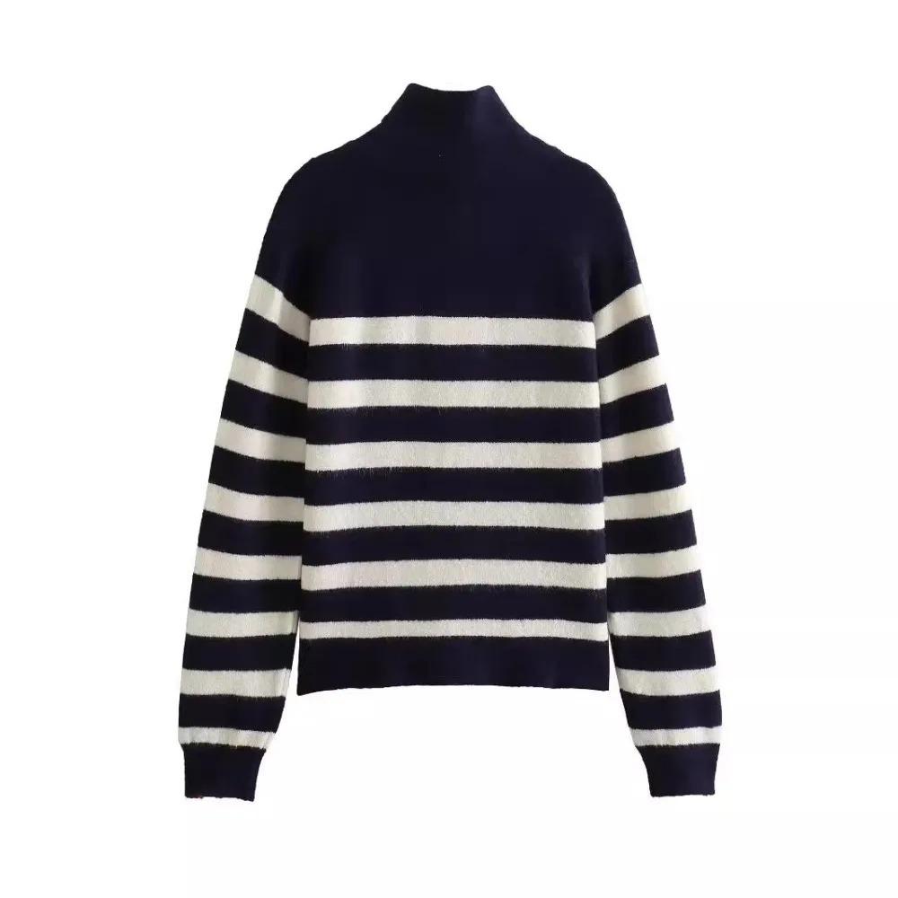 Autumn Winter Fashion Striped Zippered Lapel Long Sleeve Loose Casual Knitted Sweater for Women