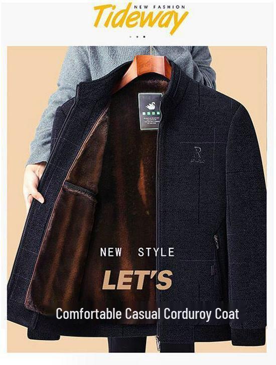 Men's Woolen Winter Coat with Fleece Lining and Thick Insulation - Ideal for Middle-aged and Elderly.