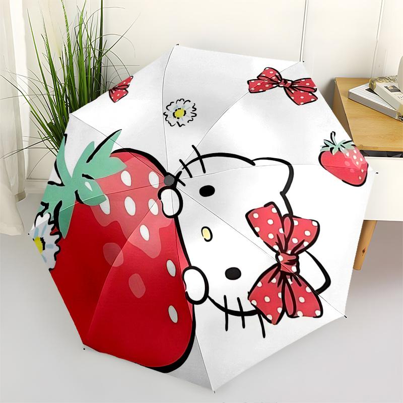 

1pc Hello Kitty Strawberry Automatic Opening/Closing Umbrella - Portable Three-Fold Design with 8-Bone Iron Frame, Perfect for Outdoor Use, Festive Gi