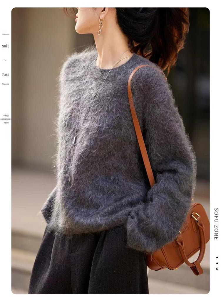 Women's Retro Textured Soft Wool Sweater, Round Neck, Loose Fit, Perfect for Autumn/Winter