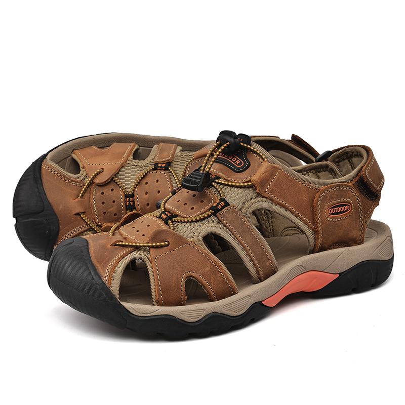 Men Outdoor Hiking Sandals Grey Leather Closed Toe Blue Beach Shoes Wide Handmade Sandals Plus Size for Father