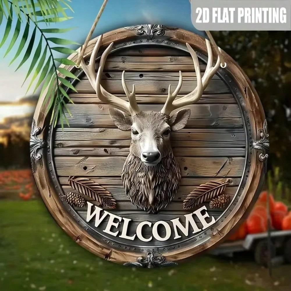 Rustic Deer Antler Welcome Sign Metal Wall Art, Country Home Hanging Plaque Wood Look Decor