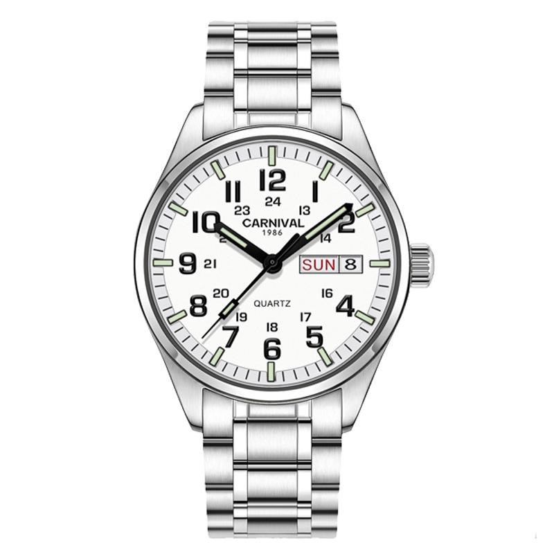 CARNIVAL Brand Watches Men Luminous Tube Waterproof Sport Men's Quartz Watch Man Stainless Steel Strap Reloj Hombre