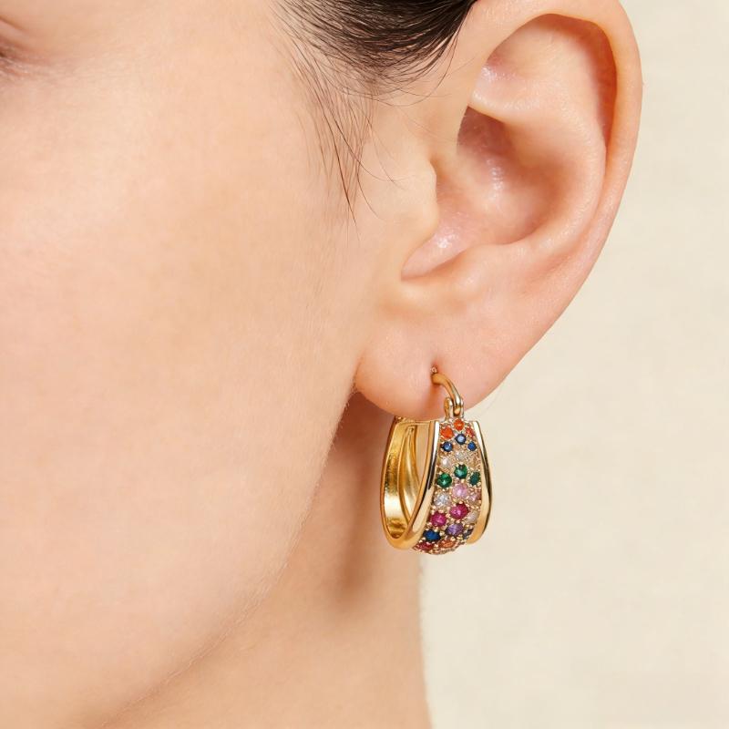 Delicate Sparking Golden Plated Inlaid Colored Synthetic Zirconia Hoop Earrings for Women Banquet Wedding Jewelry Crafts