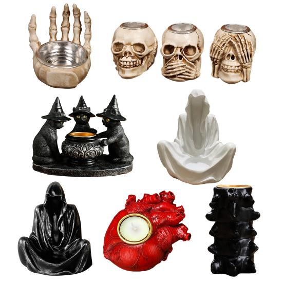 Halloween Candle Holder Spooky Resin Grim Reaper Skeleton Human Organ Statue Tabletop Tea Light Holder for Home Office Kitchen Mantel Decor