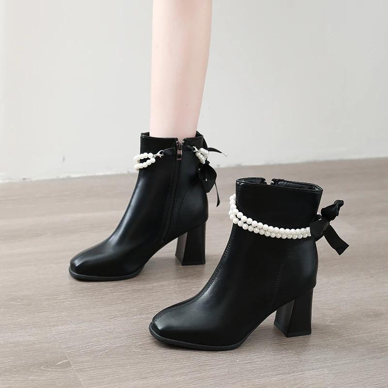 

Весна и осень 2025 Одинарные ботинки Носок квадратной формы Боковая молния Отделка бисером Бант Высокий каблук Женская обувь 40 чёрный