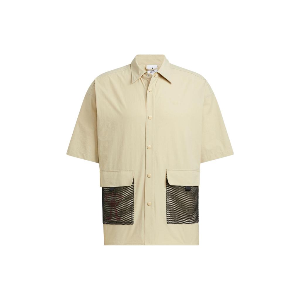 Adidas Originals Clover SS22 Solid Color Logo Short Sleeve Shirt with Single Row Buttons Men Tops Beige HR6468