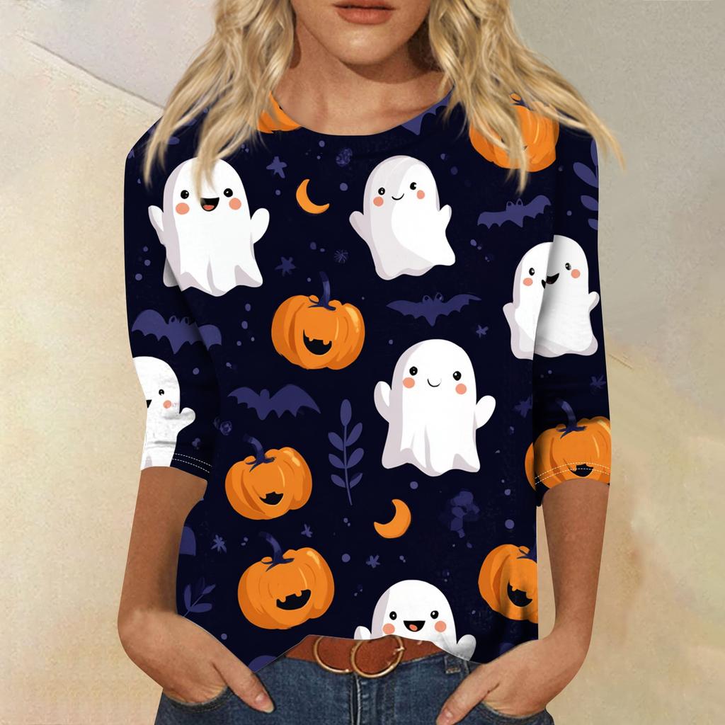 Damenmode Lässig Rundhals Dreiviertelarm Halloween Bedrucktes T-Shirt Top