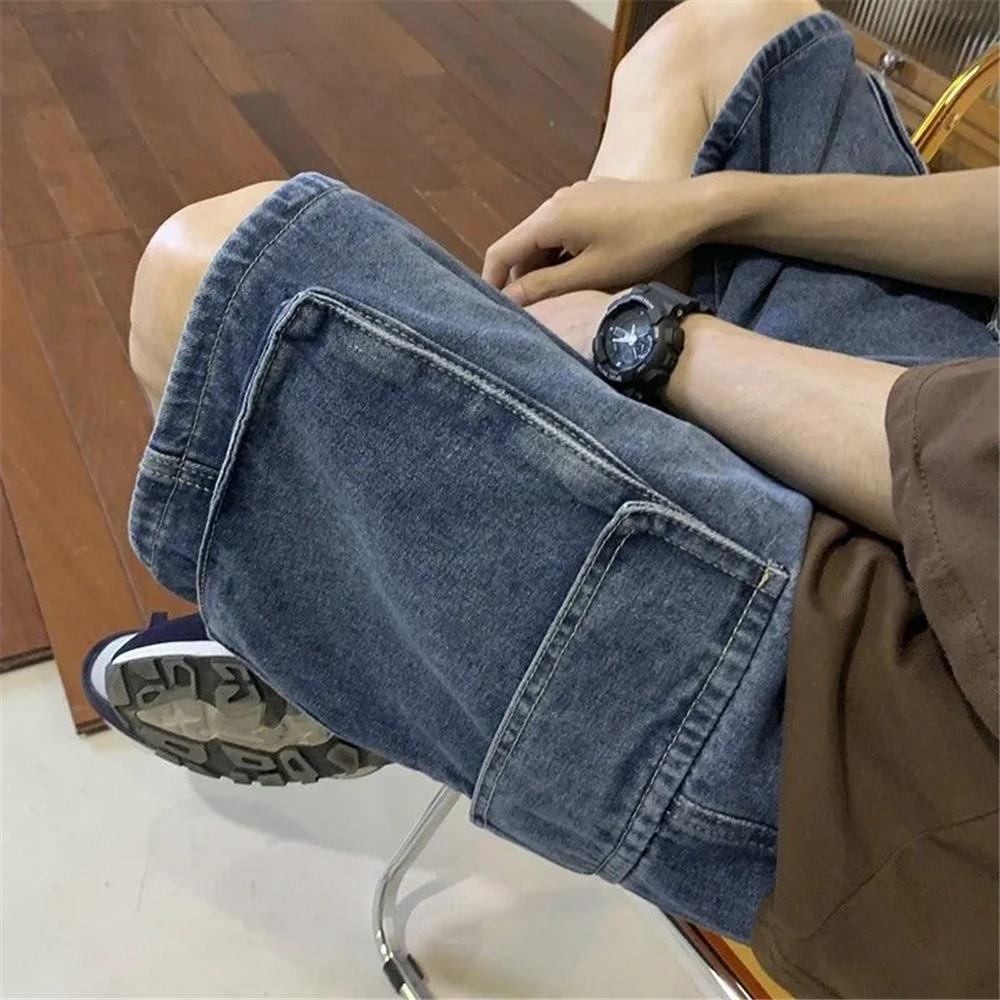 Blue Denim Shorts Men's Summer Thin Tooling Hong Kong Style Loose Big Pocket Washed Five-point Casual Pants
