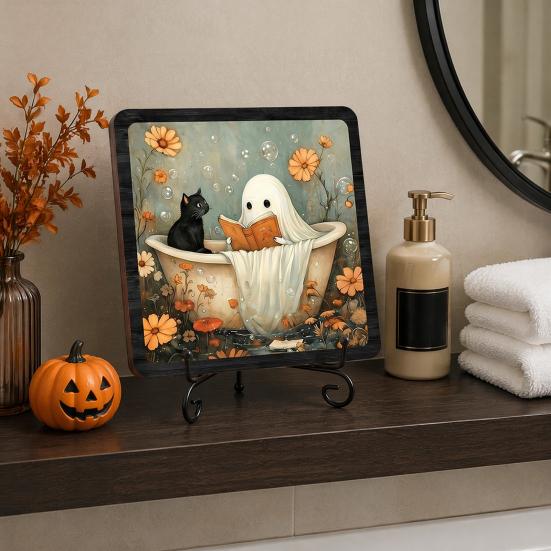Spooky Bathroom Sink Ornament Halloween Wooden Sign with Metal Stand, Ghost Table Festive Counter Decor Centerpiece for Home Office Tabletop
