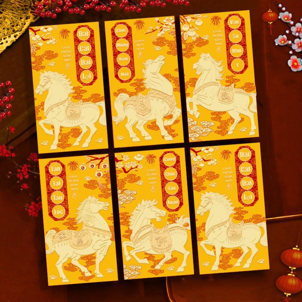 6pcs 2026 Horse Year Vietnamese Red Envelopes Traditional Chinese Style Lucky Money Envelopes Blessing Cartoon Red Packets
