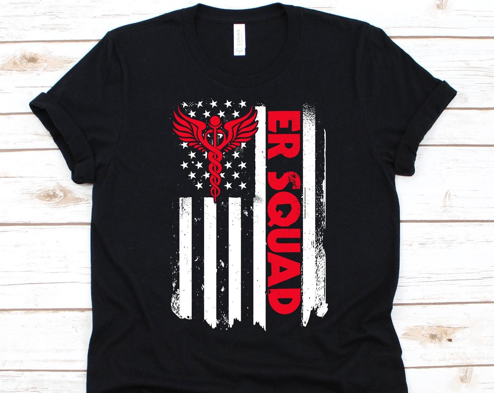 ER Squad American Flag Shirt, Emergency Nursing, Registered Nurse Shirt, Gift For ED Nurses, Emergency Room Attendant, US Flag, 4th Of July 2XL