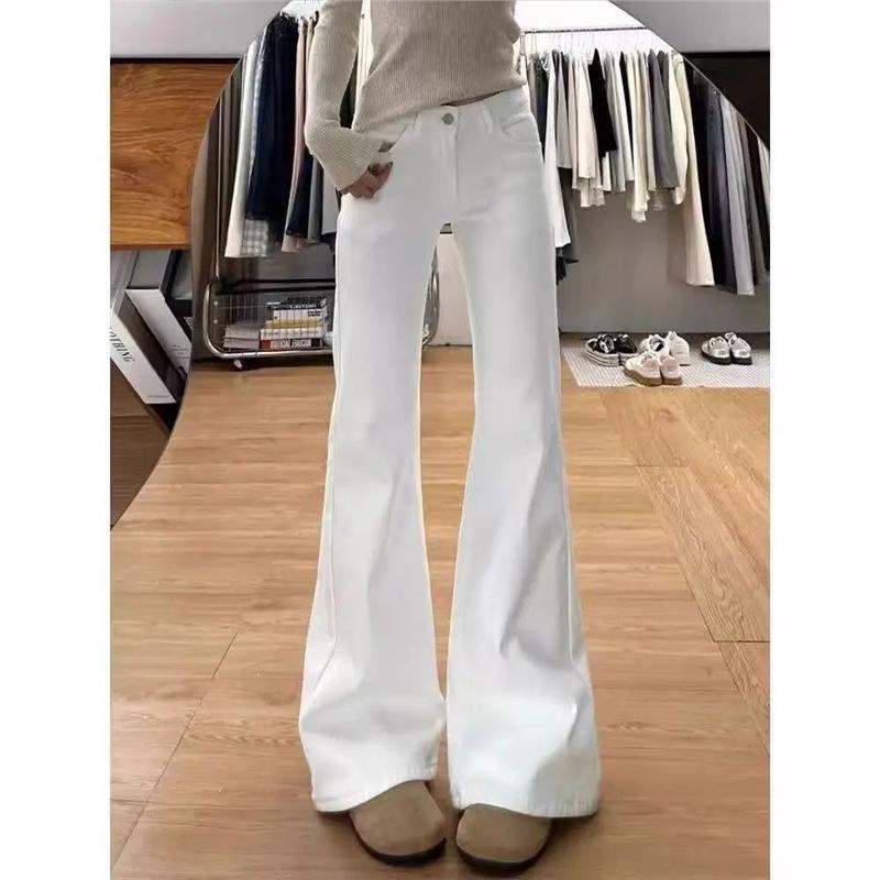 Women's American Style White Micro-Flare Jeans, High-Waist, Slimming, Wide-Leg, Floor-Length Bell Bottom Pants - 2025 Trend.