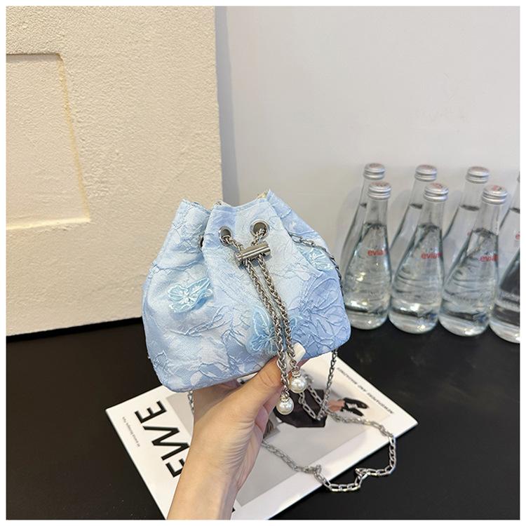 Butterfly Embroidery Ladies Bucket Shoulder Bags Vintage Flower Female Handbags Pearl Chain Women's Portable Crossbody Bags