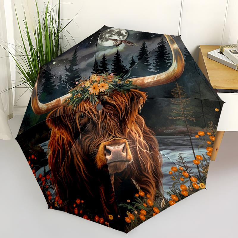 Cute Highland Cow Folding Umbrella Fashion Auto-Open Design 8 Iron Ribs Plastic Handle Foldable Sunshade Perfect Christmas Gifts