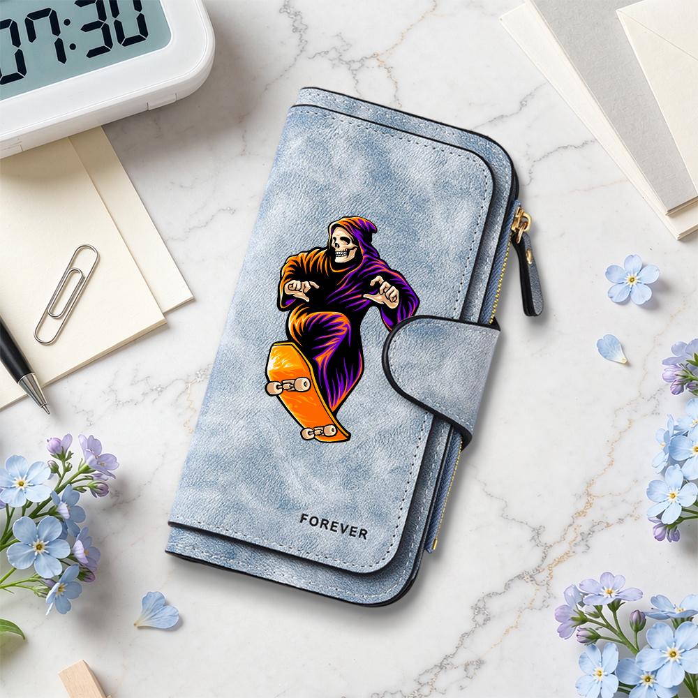 Grim Reaper Skate Pattern Long Wallet Forever Stylish Portable Card Holder Purse for Daily Use