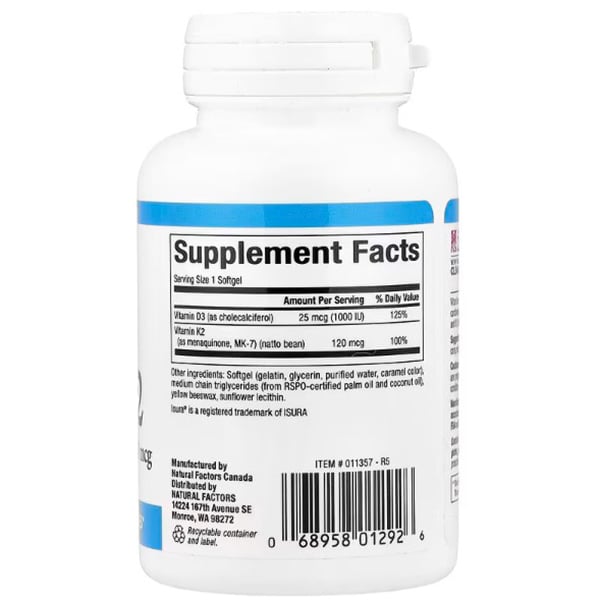 Витамин Д3 К2, Vitamin D3 & K2, Natural Factors  60гелкапс (36406012)
