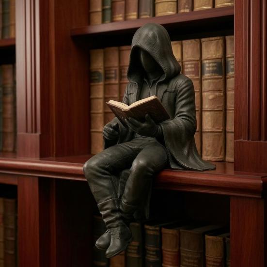 Statua di Uomo con Veste che Legge Mistero Gotico Statuetta Lettura Fantasy Veste Nera Scultura Seduta per Decorazione Libreria Scrivania di Halloween